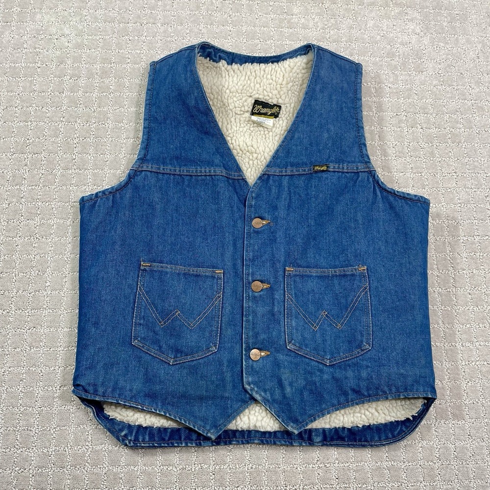 Vintage 70s Wrangler Sherpa Lined Denim Size Large Cowboy Western Jean‎ Vest